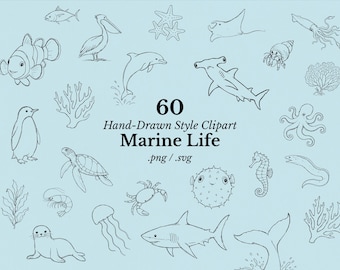 May include: Hand-drawn style clipart of marine life, including a clownfish, pelican, dolphin, penguin, sea turtle, crab, shark, and more. The text reads "60 Hand-Drawn Style Clipart Marine Life .png / .svg" on a light blue background.