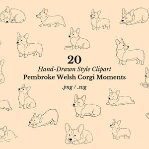 Op de afbeelding: Een collectie van 20 zwarte lijntekeningen van Pembroke Welsh Corgi's in verschillende houdingen op een licht perzikkleurige achtergrond. De tekst luidt 20 Hand-Drawn Style Clipart Pembroke Welsh Corgi Moments .png / .svg, met zittende, liggende en spelende honden.