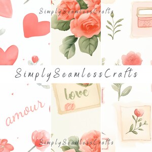 Sellos de amor en acuarela Patrones sin costuras, Patrones de sellos vintage franceses, Cartas de San Valentín, Imágenes prediseñadas de amor, Papel digital, Impresión bajo demanda