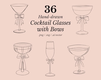 36 ilustraciones de bebidas con lazos dibujadas a mano, ilustraciones de cócteles, imágenes prediseñadas de lazos, copa de cóctel PNG, copa de champán PNG