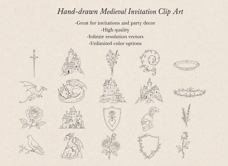 Imágenes prediseñadas medievales estilo dibujo a mano en formato SVG y PNG, arte lineal vintage, invitación de boda, despedida de soltera, dragón de corona de castillo, uso comercial. imagen 3