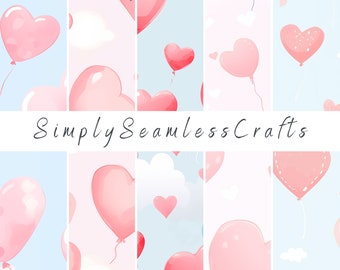 May include: A set of six seamless patterns featuring pink heart-shaped balloons against a light blue and pink background. The patterns are perfect for Valentine's Day or any occasion where you want to add a touch of love and whimsy.
