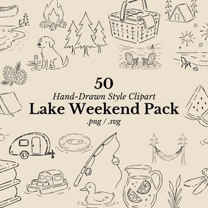 Lake Camping Weekend Pack, Hand Drawn Style Clipart, Cabin Line Art, Pontoon Boat SVG PNG, Summer Lake Camping, Boat Day Art, Commercial Use