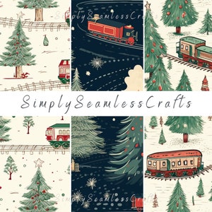 May include: A seamless pattern featuring a vintage-style train with red and brown cars traveling through a snowy forest with green pine trees. The background is a light cream color with a repeating pattern of trees and train tracks.