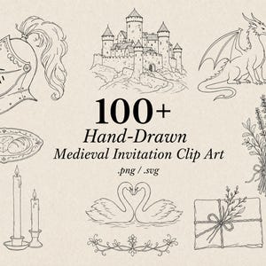Imágenes prediseñadas medievales estilo dibujo a mano en formato SVG y PNG, arte lineal vintage, invitación de boda, despedida de soltera, dragón de corona de castillo, uso comercial. imagen 1