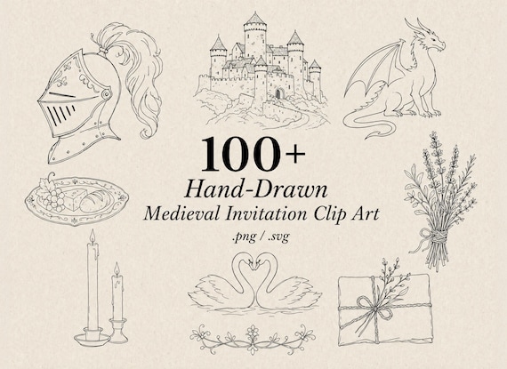 Hand Drawn Style Medieval Clipart SVG PNG, Vintage Line Art, Wedding Invitation, Bachelorette Party, Castle Crown Dragon, Commercial Use