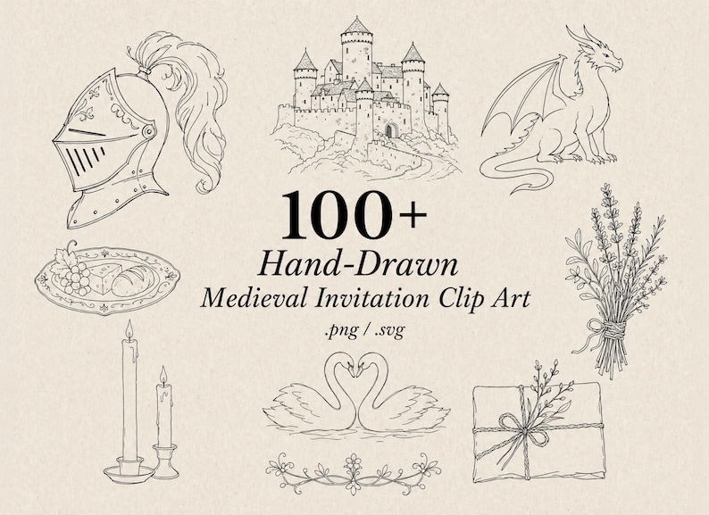 Imágenes prediseñadas medievales estilo dibujo a mano en formato SVG y PNG, arte lineal vintage, invitación de boda, despedida de soltera, dragón de corona de castillo, uso comercial. imagen 1