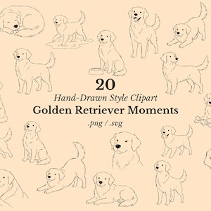 Puede incluir: Una colección de 20 ilustraciones digitales dibujadas a mano que muestran perros Golden Retriever en varias posturas, incluyendo sentados, durmiendo, jugando y de pie, con el texto 20 Hand-Drawn Style Clipart Golden Retriever Moments .png / .svg.