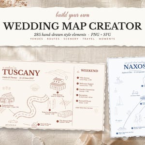 May include: A digital wedding map creator kit featuring 285 hand-drawn style elements in PNG and SVG formats. The display shows two sample maps, one for a Tuscany wedding and one for a Naxos wedding, including event schedules and venue icons.