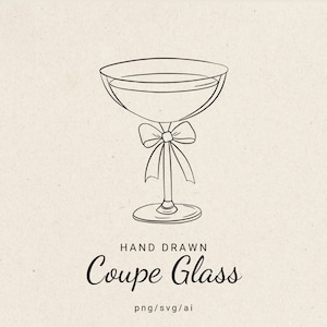 Könnte beinhalten: Eine Schwarzweiß-Zeichnung eines Coupéglases mit einer Schleife um den Stiel. Der Text "HAND DRAWN Coupe Glass png/svg/ai" befindet sich unter dem Bild.
