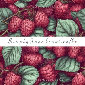 Puede incluir: Un patrón sin costuras que presenta un primer plano de frambuesas rojas y hojas verdes. El patrón se repite en toda la imagen. El texto "Simply Seamless Crafts" aparece dos veces en la imagen.