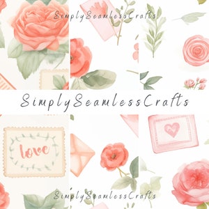 Sellos de amor en acuarela Patrones sin costuras, Lindos patrones de sellos vintage, Cartas de San Valentín, Imágenes prediseñadas de amor, Papel digital, Impresión bajo demanda