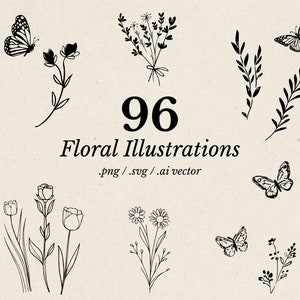 以下が含まれることがあります： 蝶、葉、花など、96個の白黒の花のイラストのセット。イラストはシンプルでミニマルなスタイルで、デザインに自然のタッチを加えるのに最適です。