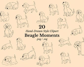May include: A collection of 20 black line art illustrations of beagle dogs in various poses on a light peach background. The text reads 20 Hand-Drawn Style Clipart Beagle Moments .png / .svg, showcasing dogs sitting, playing, and resting.