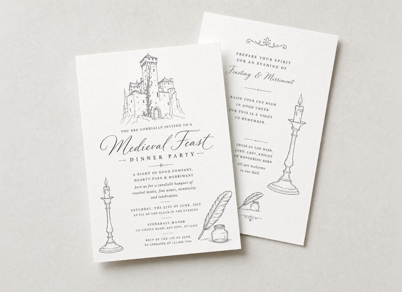Imágenes prediseñadas medievales estilo dibujo a mano en formato SVG y PNG, arte lineal vintage, invitación de boda, despedida de soltera, dragón de corona de castillo, uso comercial. imagen 4
