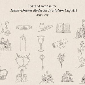 Imágenes prediseñadas medievales estilo dibujo a mano en formato SVG y PNG, arte lineal vintage, invitación de boda, despedida de soltera, dragón de corona de castillo, uso comercial. imagen 2