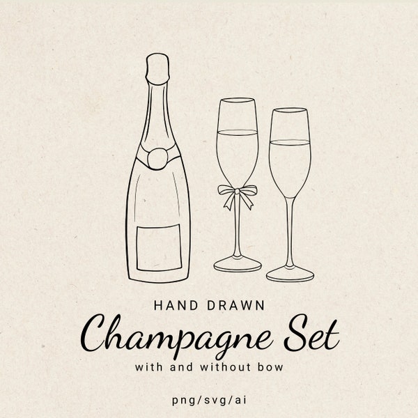 Hand Drawn Champagne Glass Illustration, Champagne Bottle Illustrations, Champagne Glass with Bow clipart, Champagne PNG, Commercial Use