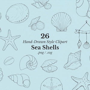 May include: Hand-drawn style clipart of various seashells, starfish, and a mobile, all in black line art on a light blue background. The text "26 Hand-Drawn Style Clipart Sea Shells" is also included.