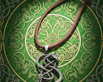 Trickster's Knot: Loki-Inspired Serpent Necklace with Leather Cord