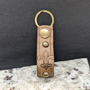 Leather Keychain, Fleur-De-Lis, Handmade, One of a Kind