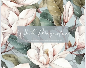 May include: A seamless pattern featuring white magnolia flowers and green leaves on a light blue background. The text "White Magnolia" is written in a decorative font.