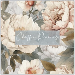 Puede incluir: Una ilustración digital de un patrón floral con peonías blancas y rosas y hojas verdes. El texto "Chiffon Peonies" está en el centro de la imagen. "Designer patterns for personal & small business commercial" está debajo del texto.
