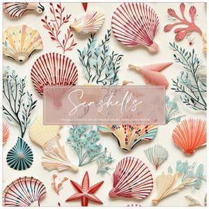 Puede incluir: Un patrón de conchas marinas y corales coloridos sobre un fondo crema. La imagen presenta varios diseños de conchas en tonos rojos, naranjas, amarillos y azules, con la palabra "Seashells" en el centro.