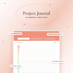 May include: A digital Project Journal with the text Project Journal 30 Projects, One Place. The interface features a hyperlinked index, tabs for notes, ideas, and actions, a numbered list from 1 to 9, horizontal lines, and 600 pages per style.