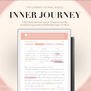 Op de afbeelding: Een digitale tablet met een journaalpagina met een tabel getiteld Fact, Feeling, Story. Het scherm toont handgeschreven tekst en gemarkeerde secties. De tekst luidt THE ULTIMATE 3 JOURNAL BUNDLE INNER JOURNEY en Fully hyperlinked Inner journal, Perspective journal and Becoming journal for ReMarkable Paper Pro Move.