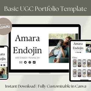 May include: A digital portfolio template displayed on a laptop, tablet, and smartphone. The template features the name "Amara Endojin" and social media icons. The phrase "Basic UGC Portfolio Template" is at the top, with "Instant Download | Fully Customizable in Canva" at the bottom.