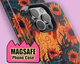 Könnte beinhalten: Eine MagSafe-Handyhülle mit einem lebendigen Grafikdruck aus orangefarbenen Sonnenblumen auf dunkelblaugrünem Hintergrund. Die Hülle hat einen Ausschnitt für die Dreifachkamera und eine glatte Oberfläche. Ein rosa Overlay zeigt MAGSAFE Phone Case.