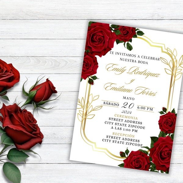 Red Roses and Gold Luxury Wedding Invitation