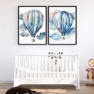 Hot Air Balloon Nursery, Kids Room Decor, Hot Air Balloon Print, Neutral Kids Room Decor, Hot Air Balloon Kids Print, Vintage Art, Set of 2
