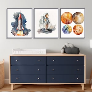 Nursery Decor Space Boy, Nursery Wall Art Space, Watercolor Space Nursery Prints, Space Prints, Outer Space Prints Set of 3,Boys Room Decor