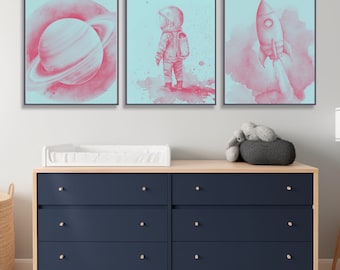 Nursery Decor Space Boy, Nursery Wall Art Space, Watercolor Space Nursery Prints, Space Prints, Outer Space Prints Set of 3,Boys Room Decor