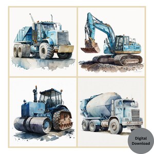 Construction Trucks Wall Art, Construction Vehicle Prints, Boy Nursery Wall Decor, Prints for Boys Room, Watercolor Construction Trucks,