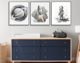 Nursery Decor Space Boy, Nursery Wall Art Space,  Watercolor Space Nursery Prints, Space Prints, Outer Space Prints Set of 3,Boys Room Decor