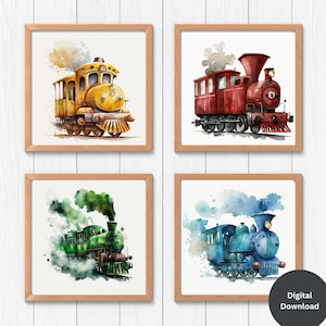 Set of 4 Train Prints, Trains for Nursery, Playroom Decor, Boys Room, Boys Bedroom Decor, Boys Nursery, Steam Locomotive Prints, Train Decor