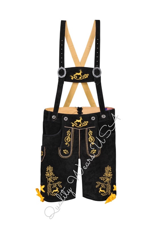 Quality wears usa German Men Oktoberfest Lederhosen Bavarian Trachten  Lederhosen -Men Short Lederhosen (Black & Yellow)