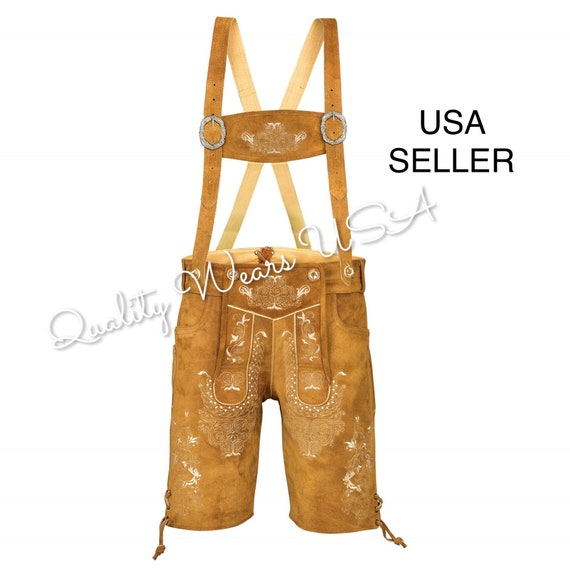 Quality Weas USA Men German lederhosen shorts -  Oktoberfest Lederhosen Men Gold 1