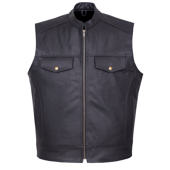 Men Motorcycle Leather Vest - Trucker Concealed Carry Pockets Vest