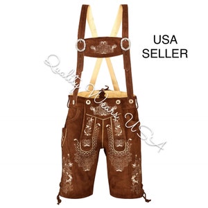 Quality Wears USA Men Oktoberfest Lederhosen- Authentic Bavarian Lederhosen Shorts (Light Brown 1)