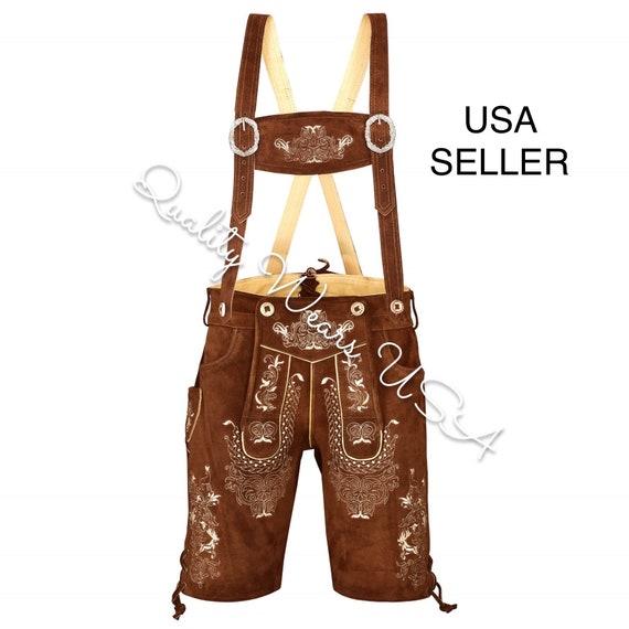 Quality Wears USA Men Oktoberfest Lederhosen- Authentic Bavarian Lederhosen Shorts (Light Brown 1)