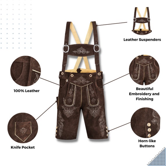 Quality Wears USA Men Oktoberfest Lederhosen - Bavarian Trachten Chocolate (Style 2)