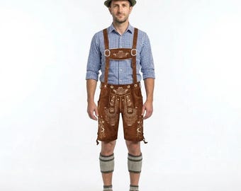 Quality Wears USA Men Oktoberfest Lederhosen- Authentic Bavarian Lederhosen Shorts (Light Brown 1)