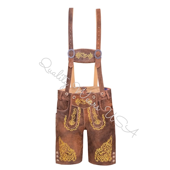 Quality Wears USA Men Rustic Bronze Lederhosen- Oktoberfest Men Lederhosen Gold
