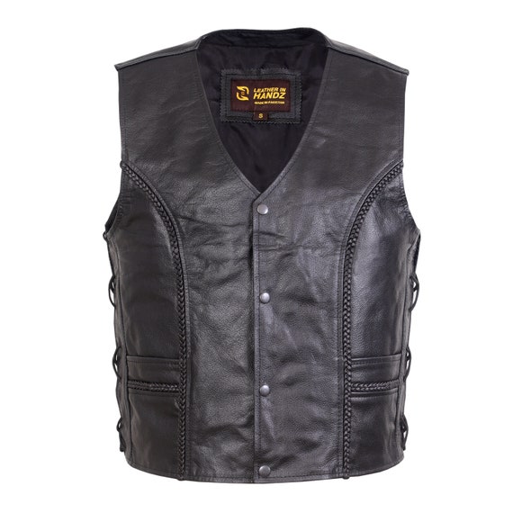 Men Leather Motorcycle Concealed Carry Pockets Vest