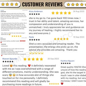 May include: A screenshot of customer reviews with star ratings and testimonials. The reviews praise the accuracy and insights of the readings, with comments about the reader's talent and compassion. The reviews are dated from August to October.