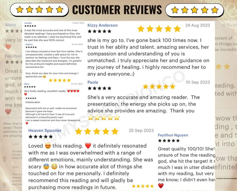 May include: A screenshot of customer reviews with star ratings and testimonials. The reviews praise the accuracy and insights of the readings, with comments about the reader's talent and compassion. The reviews are dated from August to October.