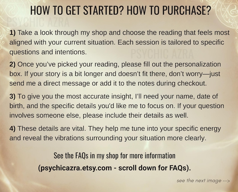 May include: A cream-colored graphic with text that reads "HOW TO GET STARTED? HOW TO PURCHASE?" followed by numbered steps. The text explains how to choose a reading, provide details, and contact the seller. The shop's website is also listed.